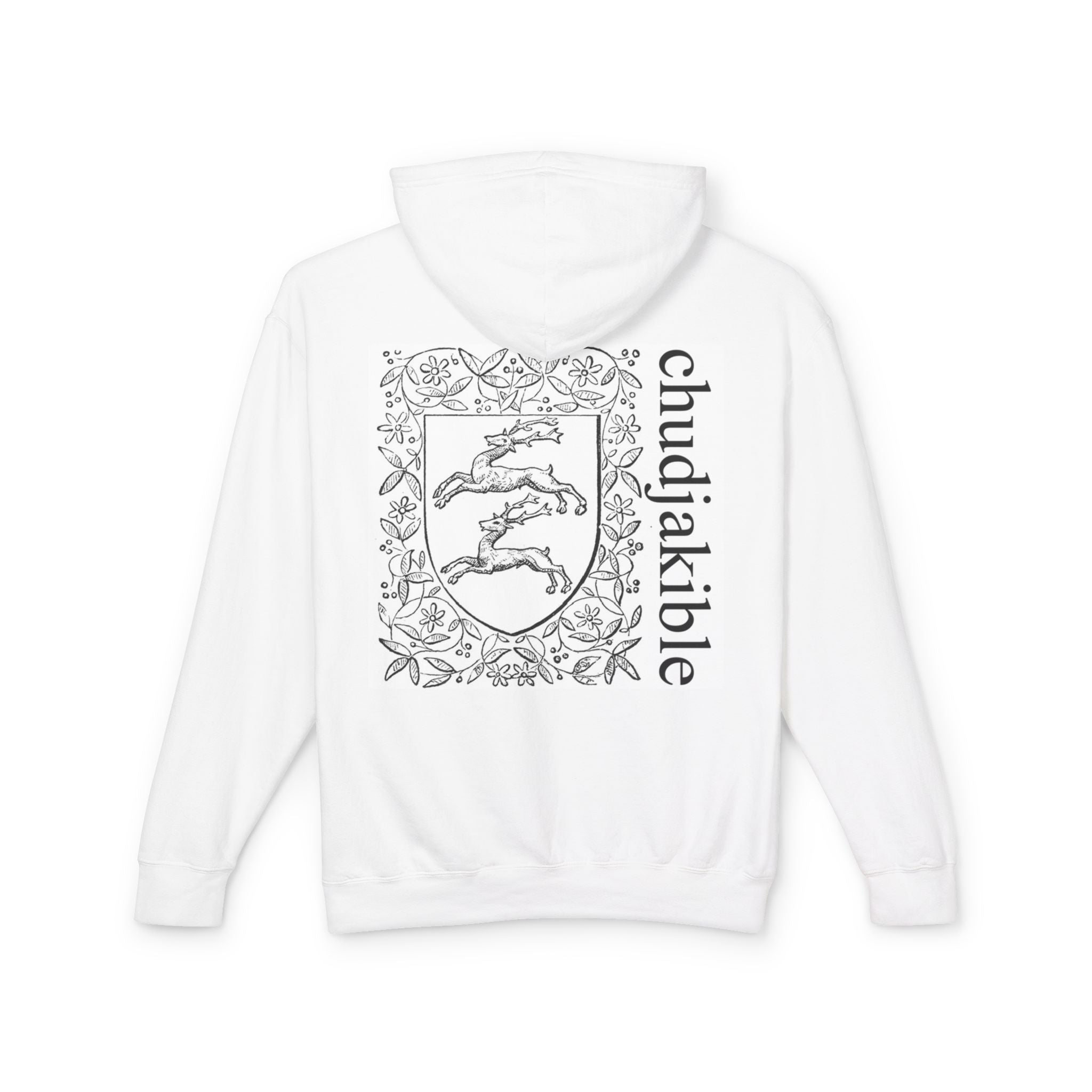 Chudjakible Crest Hoodie — Minimal Monk Illustration & Vintage Shield Design