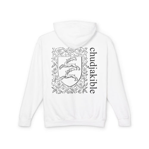 Chudjakible Crest Hoodie — Minimal Monk Illustration & Vintage Shield Design