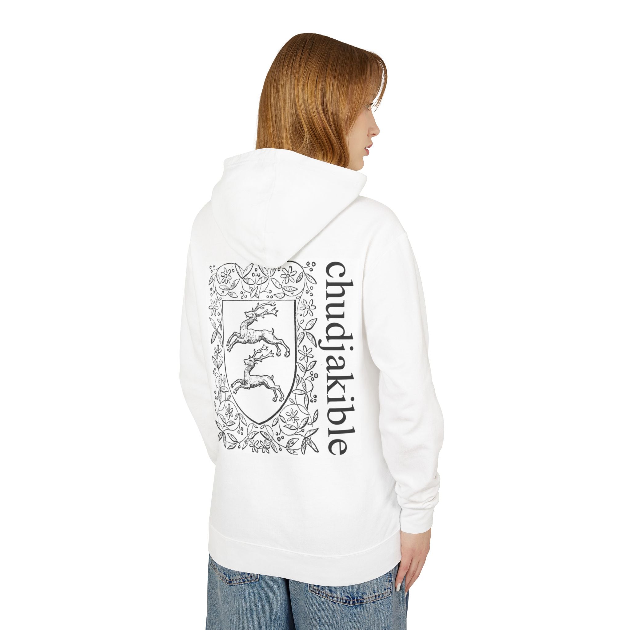 Chudjakible Crest Hoodie — Minimal Monk Illustration & Vintage Shield Design